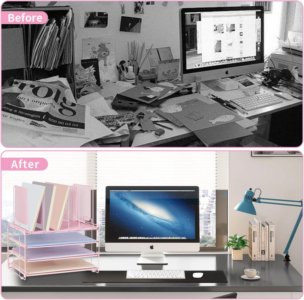 Desk Organizers and Accessories, 3-Tier Paper Organizer with 5 Vertical File Holders, File Organizer for Desk (Pink, 3T)