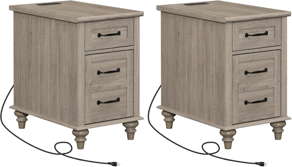WAMPAT 2 Pack End Tables with Charging Station, Farmhouse Side Table with Dra...