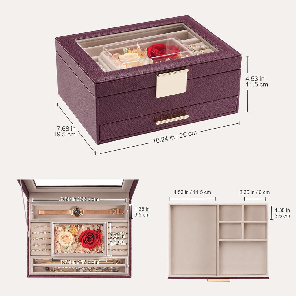 Lolalet Jewelry Organizer with Glass Lid, 2-Layer Jewelry Box Case with Drawer, Earrings Watch Ring Display Storage -Wine Red