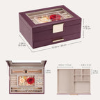 Lolalet Jewelry Organizer with Glass Lid, 2-Layer Jewelry Box Case with Drawer, Earrings Watch Ring Display Storage -Wine Red