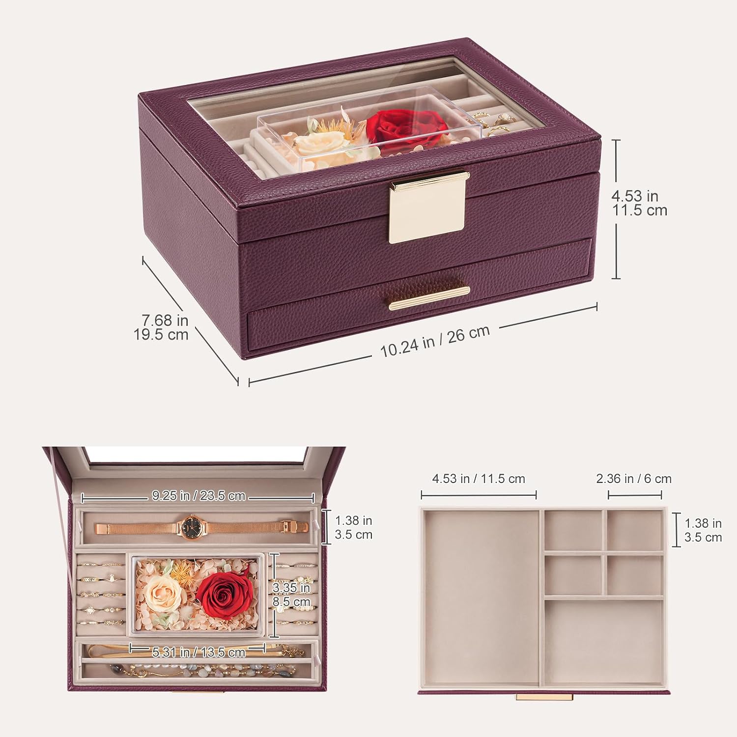Lolalet Jewelry Organizer with Glass Lid, 2-Layer Jewelry Box Case with Drawer, Earrings Watch Ring Display Storage -Wine Red