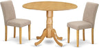 East West Furniture DLAB3-OAK-04 3 Piece Dining Room Furniture Set Contains a Round Dining Table with Dropleaf and 2 Light Tan Linen Fabric Parsons Chairs, 42x42 Inch, Oak