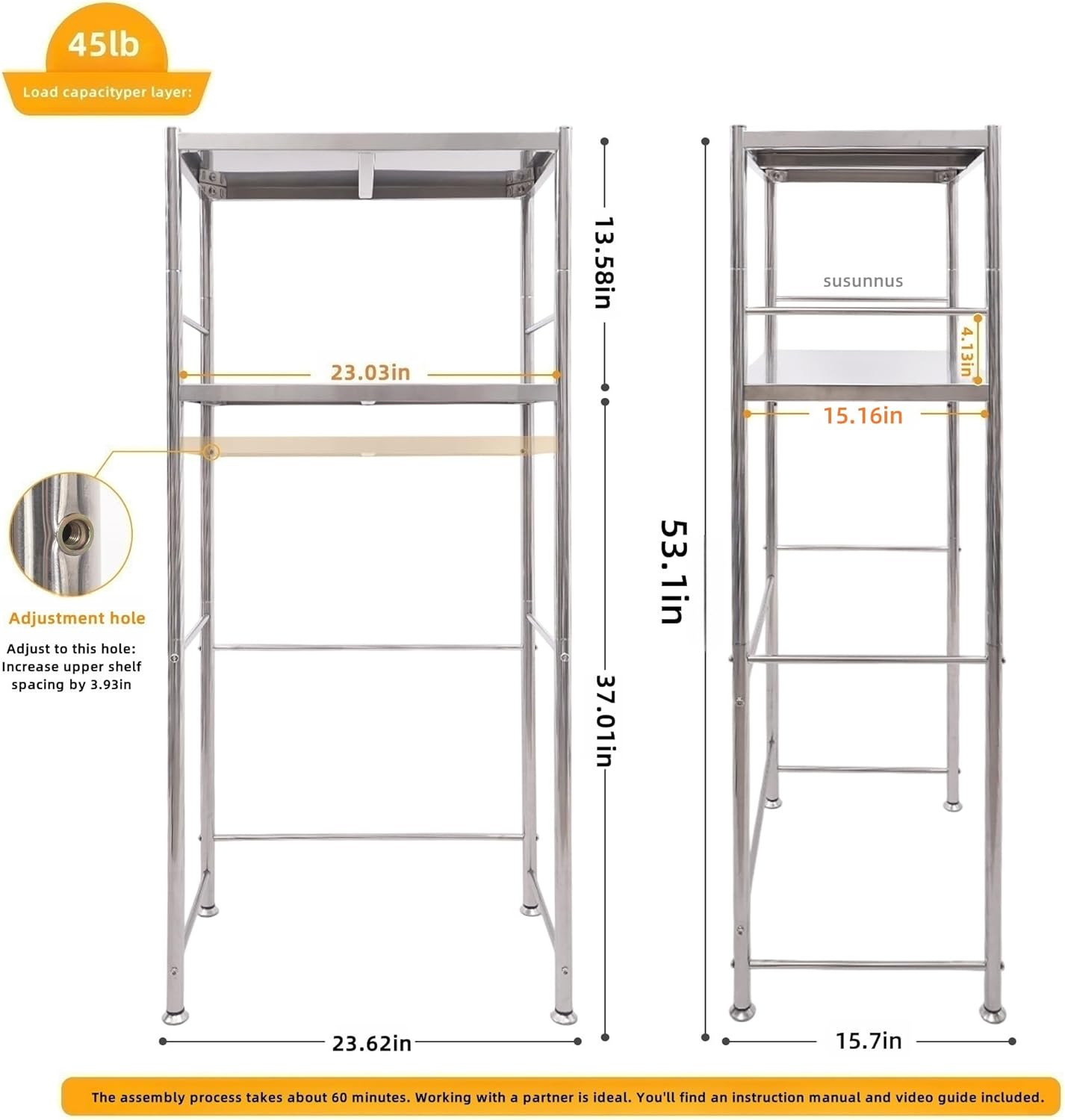 susunnus Stainless Steel Shelf,Kitchen Storage Shelves,Microwave Shelf,Mini Fridge Shelves,Adjustable Layers,Open Lower Tier,Laundry Room, Repository (2tier(23.6x15.7x53.1in))