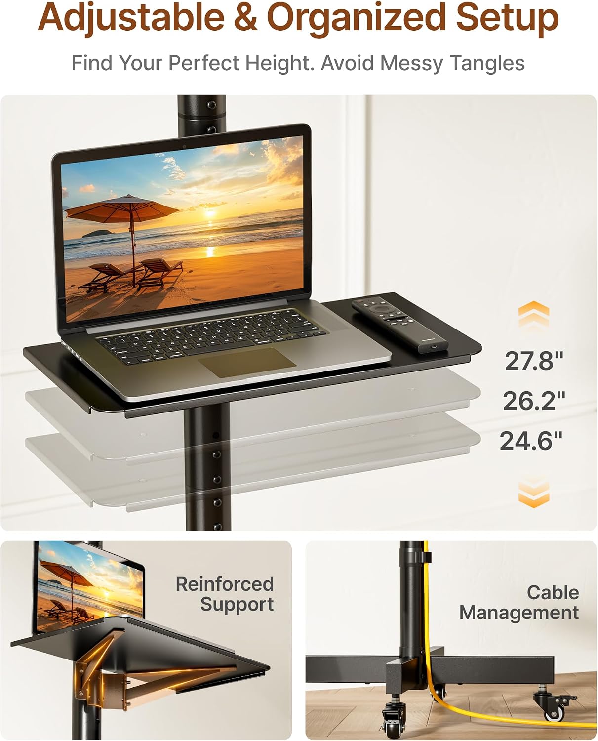 Rolling TV Stand for 23-60" TVs, 121 lbs, Black | Mobile TV cart supports 99 lb TV plus 22 lb shelf, with locking wheels, height and tilt adjustment, VESA 400x400