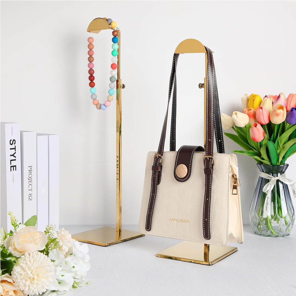 Maitys 8 Pack Gold Purse Display Stands Stainless Steel Adjustable Height Bags Display Rack Metal Handbag Holder Set for Home Store Boutique Counter Retail Floor Props Shelves