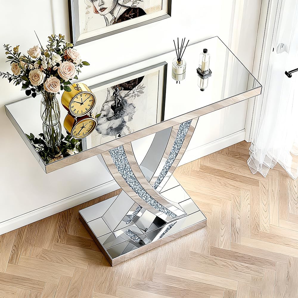 Silver Mirrored Console Table with Crushed Diamond Inlay, 39.4'' Long...
