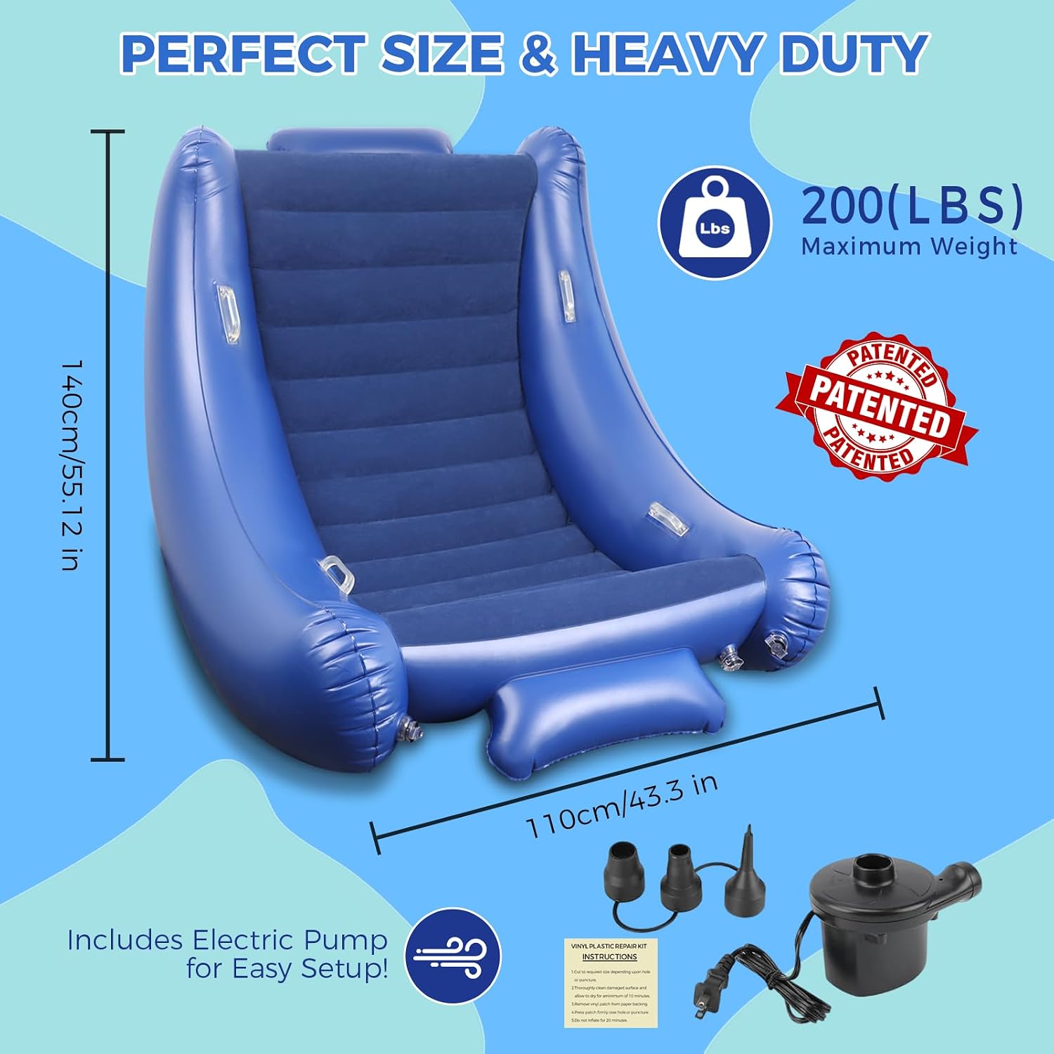Sensory Rocking Chair for Kids, Inflatable Sensory Rocker with Electric Air Pump for Autistic ADHD Children, Air Cloud Autism Chair - Soft, Comfy & Heavy Duty - Blue