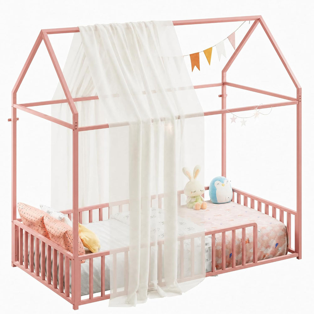 LIKIMIO Twin Floor Bed with Roof and Fence Guardrails, Pink