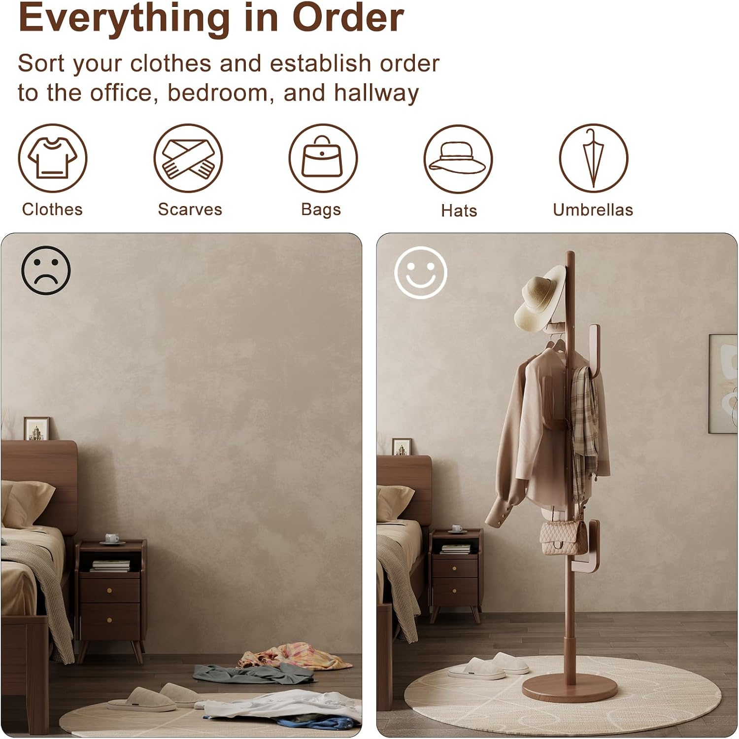 Muwuele Solid Wood Cactus Coat Rack, Freestanding Coat Rack With 6 L-Shaped Hooks and 3 Adjustable Sizes, Coat Tree for Bedroom, Entryway, Livingroom, Coat Hanger Stand for Coats, Handbags (Walnut)