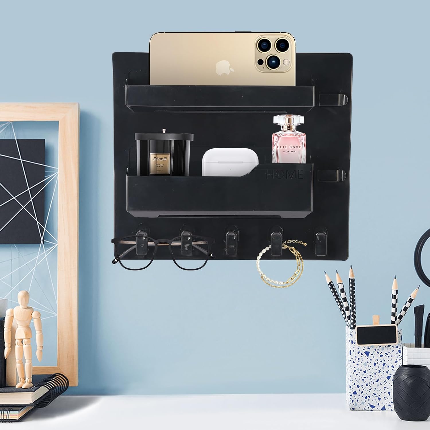 Bedside Shelf Wall Mount, Adhesive Bedside Shelf Accessories Organizer with Hooks and Cable Clips,Dorm Bedside Wall Storage for Phone, Remote, Earphone, Kindle,Plastic (5 Hooks Style-Black)