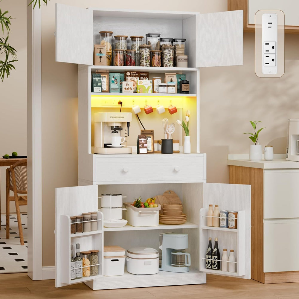 71" Tall Kitchen Pantry Cabinet with Microwave Countertop, LED Lights Wh...