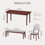 Ahomly 6-Piece Dining Table Set for 6, Solid Rubberwood Table with Bench & 4 Upholstered Linen Chairs, Rectangular, Dark Cherry Finish (Grey Cushions)