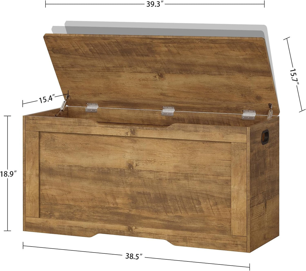 usikey 39.4” Storage Bench, Toy Box with 2 Safety Hinges, Lift Top Storage Chest, Toy Chest for Living Room, Bedroom, Entryway, Honey Brown