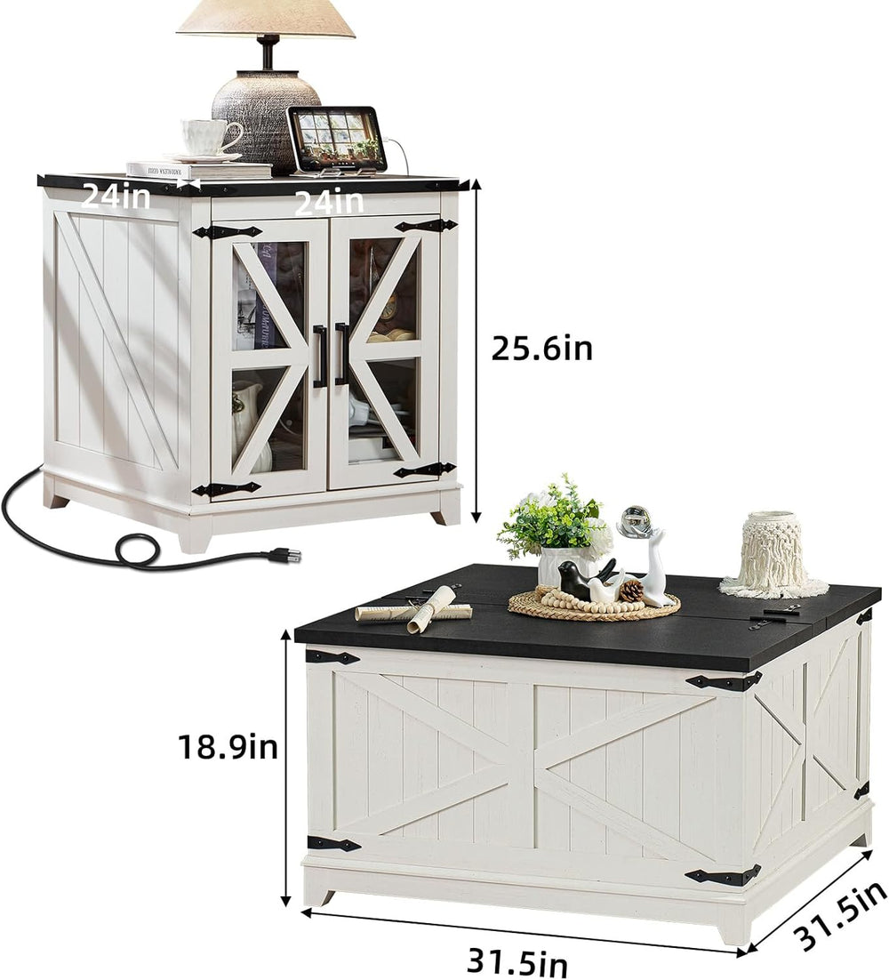 Joaxswe Farmhouse Coffee Table Set 3, End Table and Coffee Table | White 24&#...