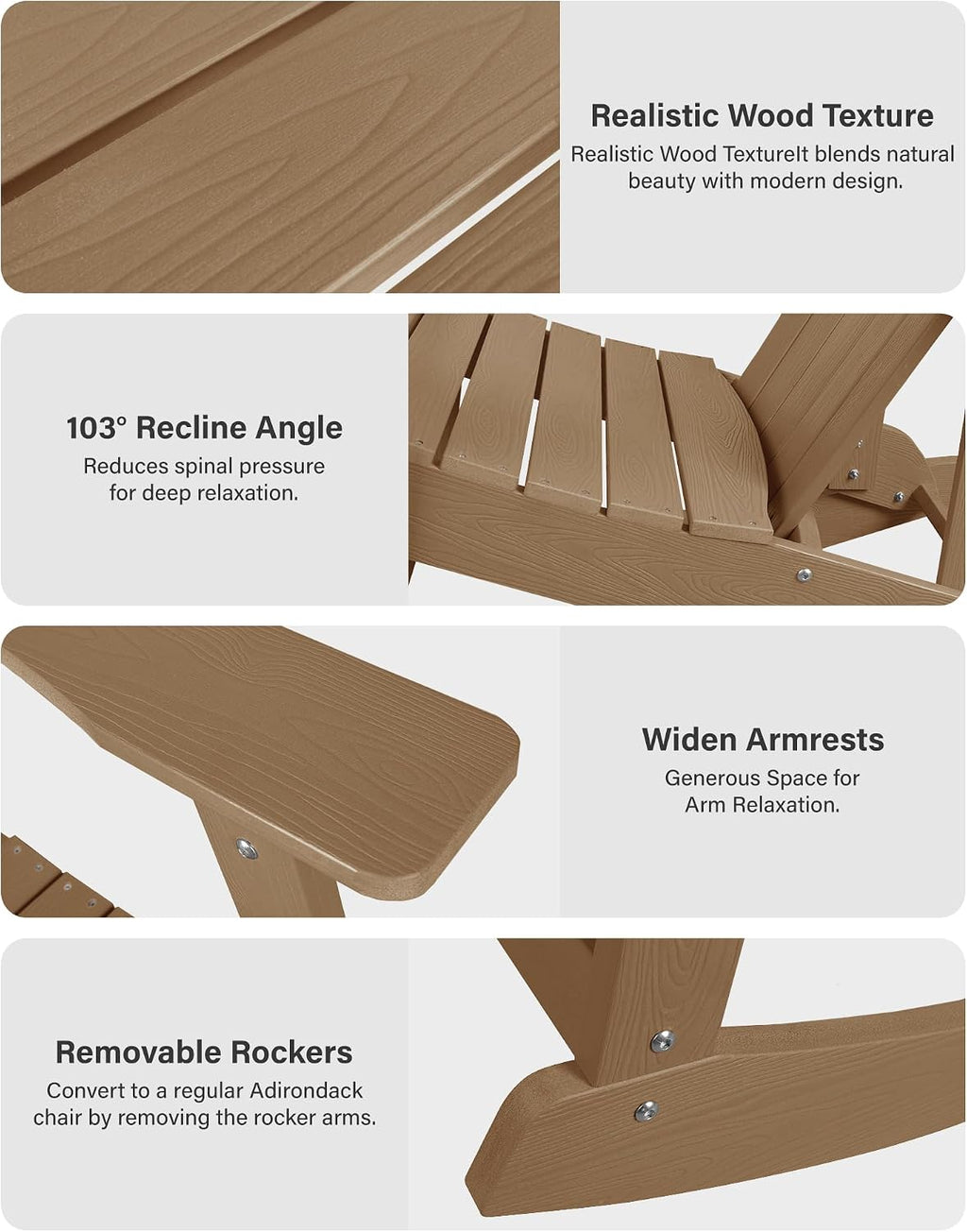 YEFU Adirondack Rocking Chair Set of 2, All-Weather Resistant, Teak | Outdoor Rocking Chair Oversized, Rocker Chair with Wide Back,Look Like Real Wood, For Patio/Porch/Backyard,Heavy Duty 380 lbs