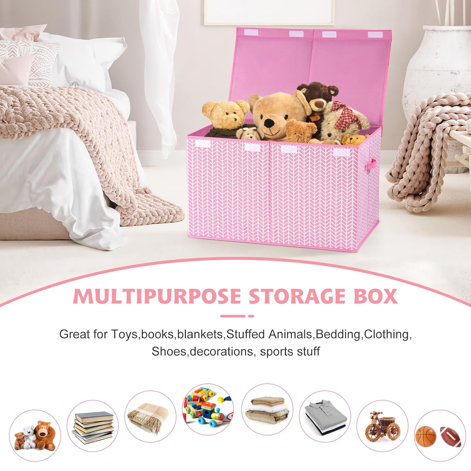 Mayniu Extra Large Toy Box Chest with Dividers, 120L Sturdy Toy Storage Organizer Bin Boxes Basket for Kids, Boys, Girls, Living Room, Nursery, Bedroom, Playroom (26"x17" x17", Pink)