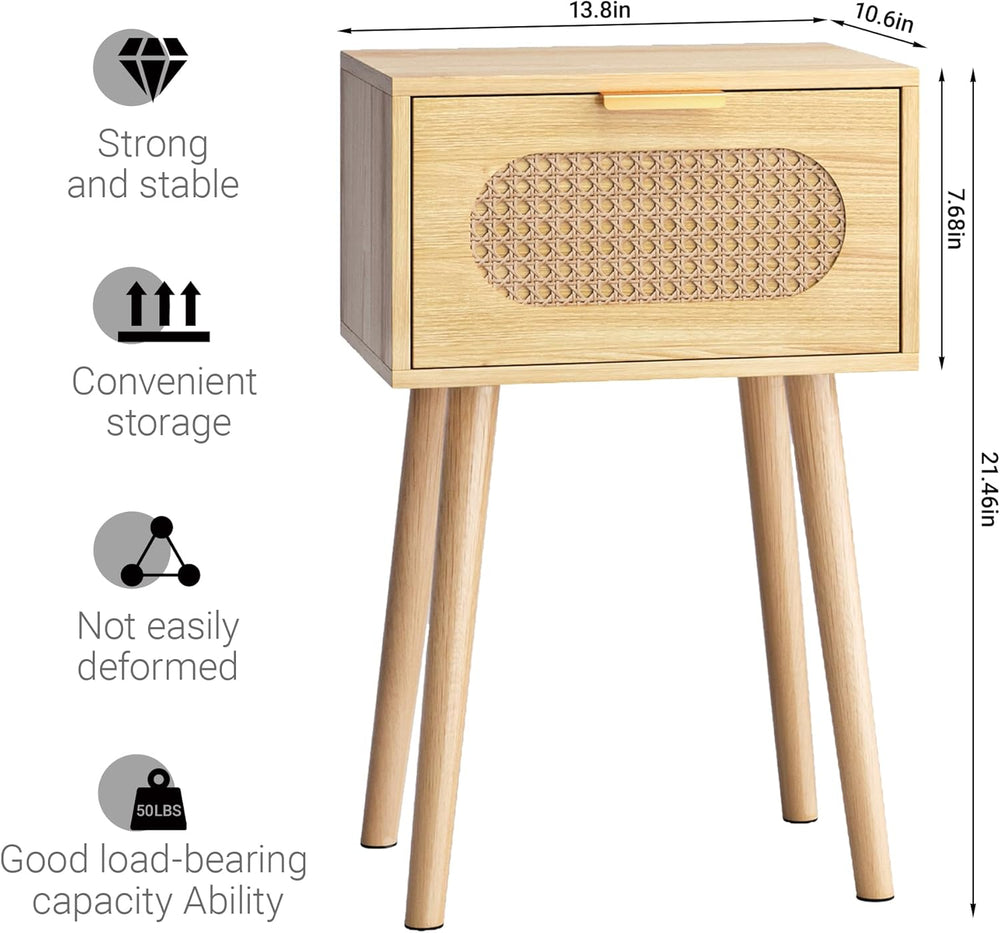 Nightstands Set of 2, Bedside Table with Rattan Door, Boho End Table with Sol...