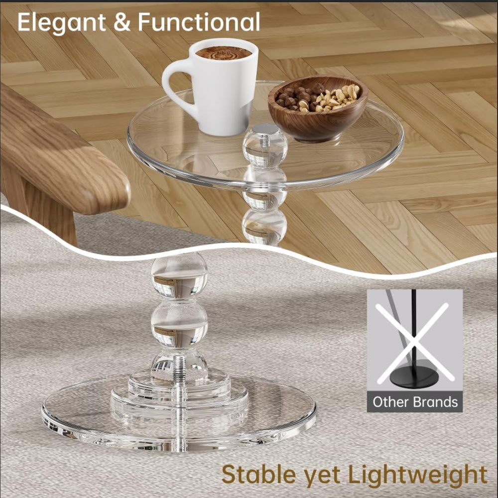 Acrylic Side Table, End Table Round Top with Solid Post for Living Room, Bedr...