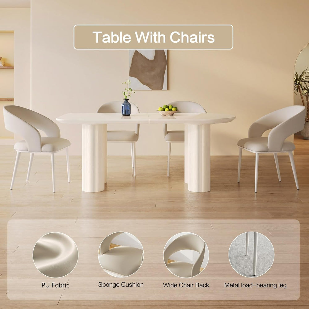 Dining Table Set for 6, Modern Cream White Kitchen Table with 6 Chairs, Dinin...