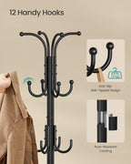 SONGMICS Coat Rack Freestanding with Umbrella Holder, Metal Coat Rack Stand with 12 Hooks, for Entryway, Hallway, Living Room, Bedroom, Ink Black URCR082BH02S