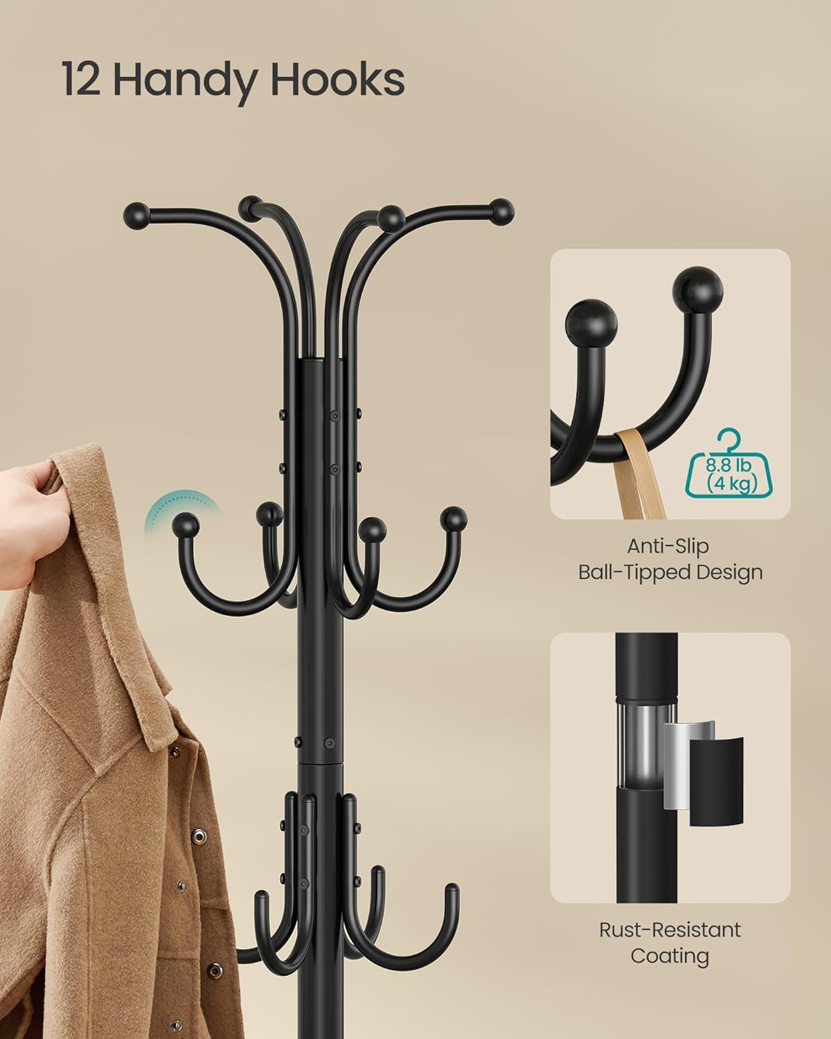 SONGMICS Coat Rack Freestanding with Umbrella Holder, Metal Coat Rack Stand with 12 Hooks, for Entryway, Hallway, Living Room, Bedroom, Ink Black URCR082BH02S
