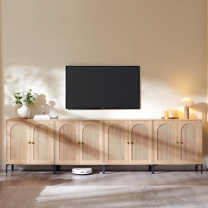 Modern TV Stands for 85 Inch TVs, 123.5‬"W Wood Entertainment Center w/Adjustable Shelves, Mid Century Modern TV Stand w/Arched Fluted Doors, Media Console Cabinet for Living Room, Natural