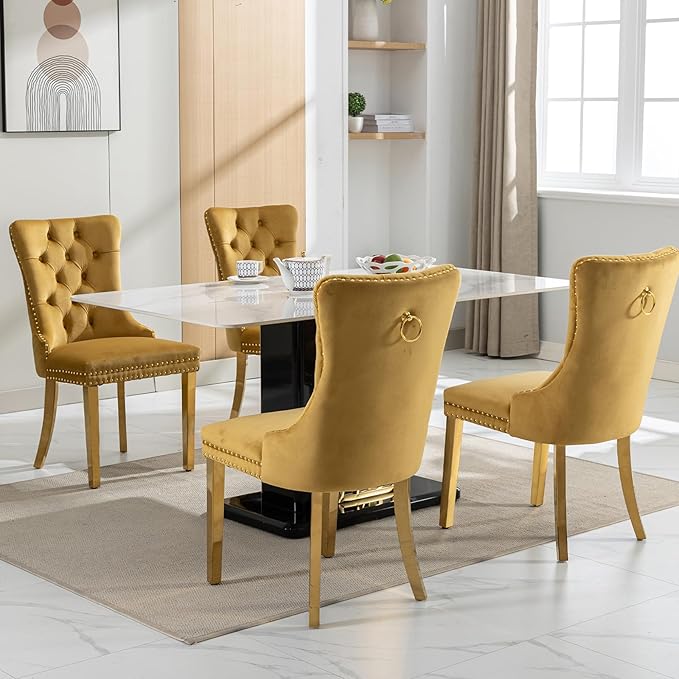 Gold Velvet Dining Chairs Set of 6, Kitchen & Dining Room Chairs, Tufted Upholstered Dining Room Chair, Back Ring Pull Trim, Golden Stainless Steel Legs, Gold