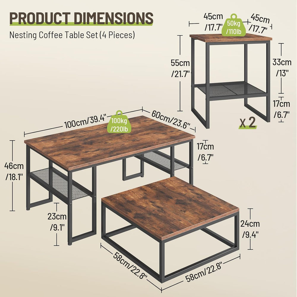 Coffee Table Set of 4, Nesting Coffee Table and 2 Side Tables | Industrial Sq...