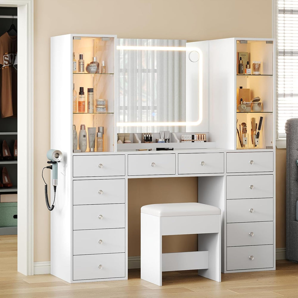 Yanosaku Vanity with 12 Drawers & 2 RBG Lights Cabinets, Makeup Vanity wi...
