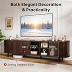 70" Mid Century Modern TV Stand, Wood TV Consoles with Sliding Doors and Power Outlet, Entertainment Center with Adjustable Shelves, Fluted TV Stands for Living Room, Walnut