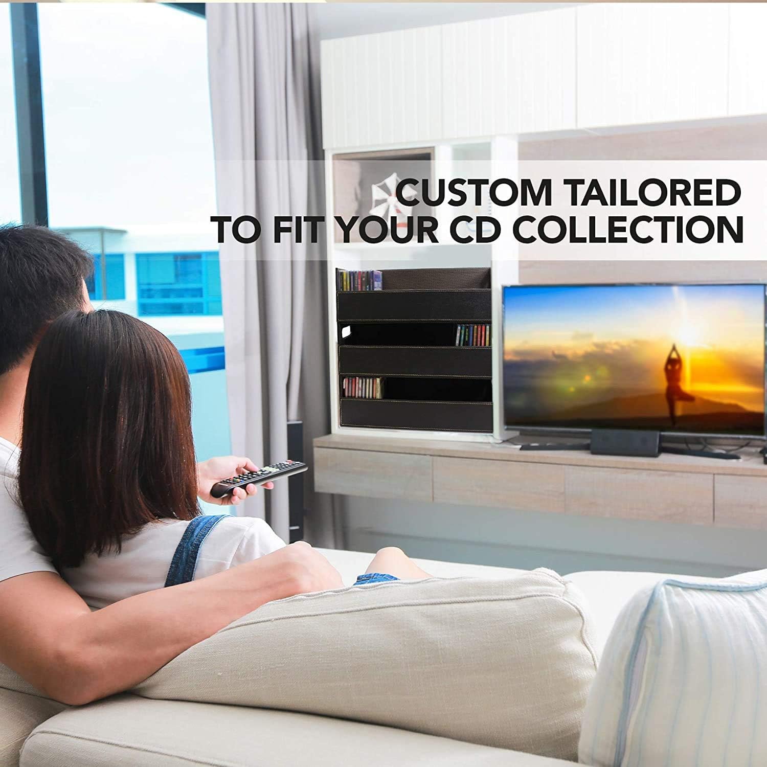 Stock Your Home CD Storage Box, Organizer Shelf for Movie Cases, DVDs, Cassette Tape Display Stand, Disc Holder Can Store Up to 40 CDs, Faux Leather (Brown)