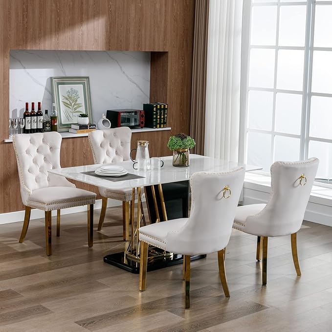 Luxury Upholstered Dining Chairs Set of 8, Beige Kitchen Chair with Golden Metal Legs, Velvet Tufted Back Dining Chair, Sillas de Comedor, Modern Kitchen & Dining Room Chairs (Beige, 8 Pcs)