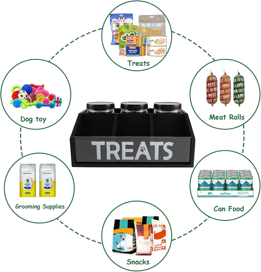 Geyecete Dog Treat Container cat food container with 3 Jars & Compartments pet treat storage dog treat container trapezoid Cute Pet Treat Organizer