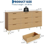 Garvee Fluted Dresser for Bedroom with 9 Drawers,63" Wide Modern Chest of Wooden Bedroom Chest with Metal Handle,Clothes Storage Organizer,Closet Dresser & TV Stand for Living Room,Hallway,Natural