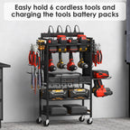 CCCEI Power Tool Organizer Cart with Charging Station, Garage Floor Rolling Storage Cart on Wheels for Mechanic, Mobile 6 Drill, Tool Box Utility Cart with Battery Charging Power Strip, Black