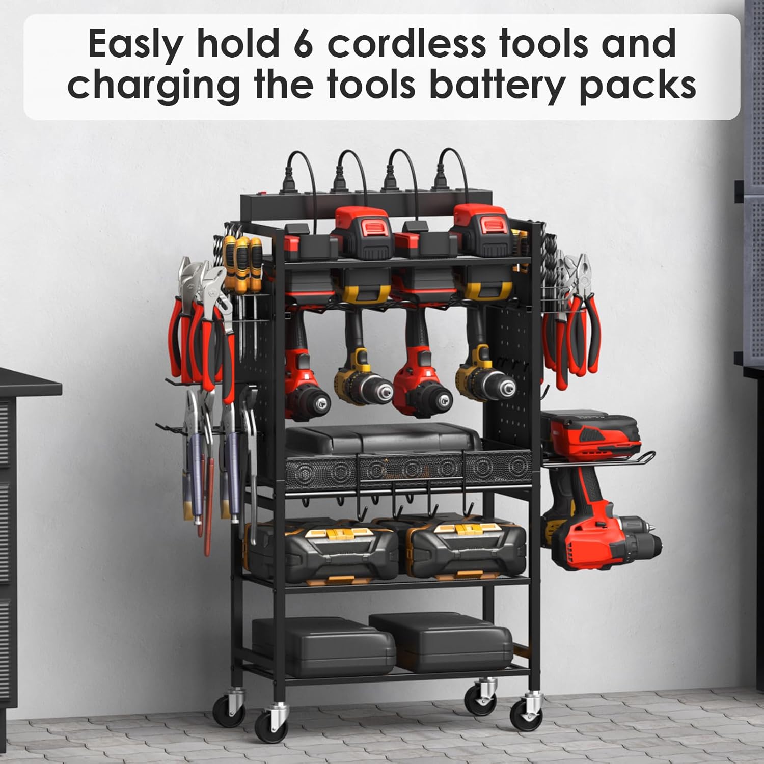 CCCEI Power Tool Organizer Cart with Charging Station, Garage Floor Rolling Storage Cart on Wheels for Mechanic, Mobile 6 Drill, Tool Box Utility Cart with Battery Charging Power Strip, Black