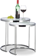 Relaxdays Nesting Round, Chrome Frame, Set of 2, Modern Design-Frosted Glass, Side End Tables, Metal, Silver, 50x50x51 cm
