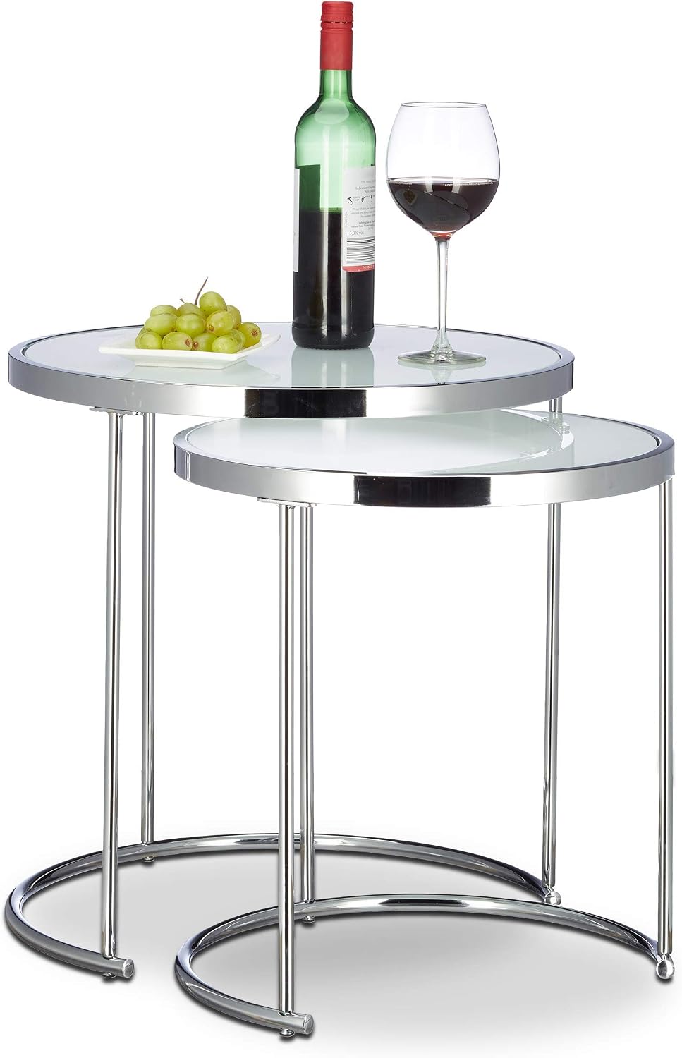 Relaxdays Nesting Round, Chrome Frame, Set of 2, Modern Design-Frosted Glass, Side End Tables, Metal, Silver, 50x50x51 cm