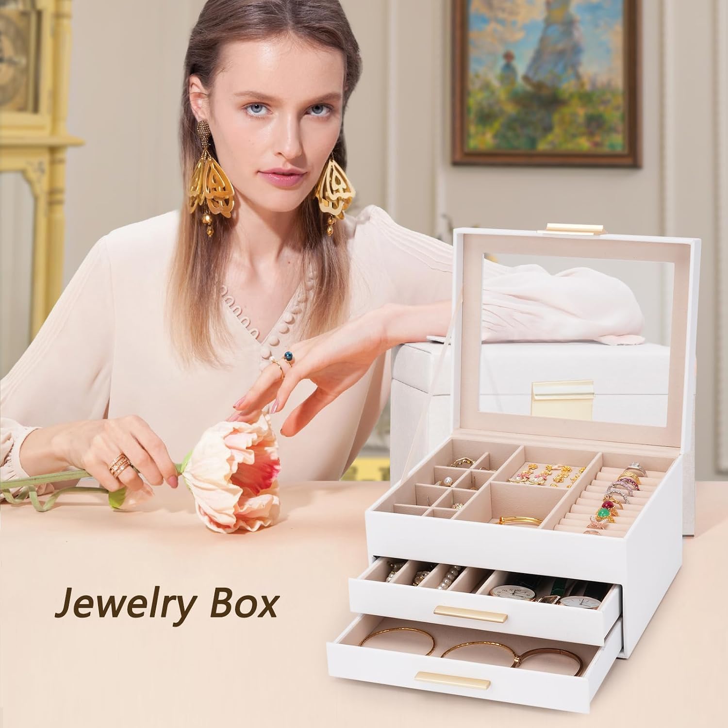 Jewelry Box for Women, 3-Layer Jewelry Box, Jewelry Organizer with Clear Glass Lid and Drawers, Jewelry Organizers and Storage for Necklaces, Rings, Earrings, Bracelets(White)