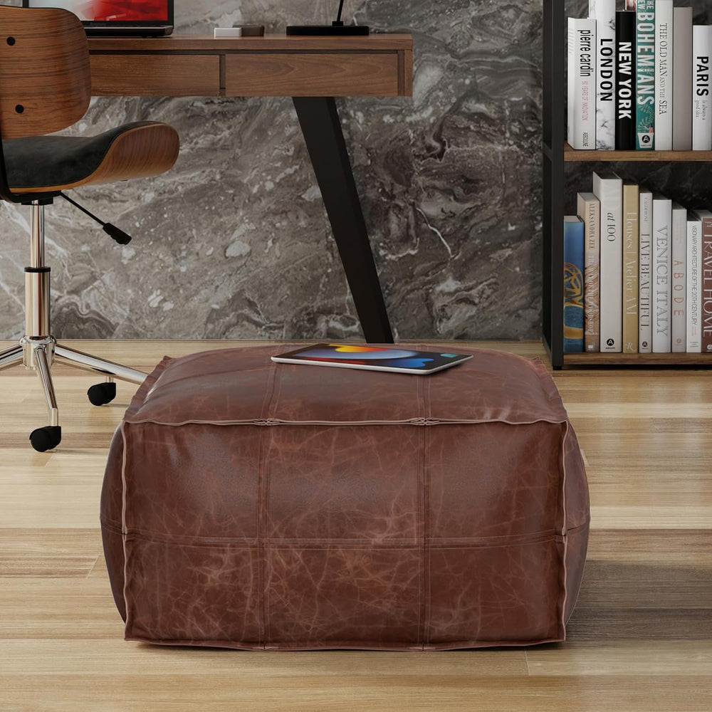 SIMPLIHOME Brody 26" Wide Genuine Leather Square Pouf in Distressed Brow...