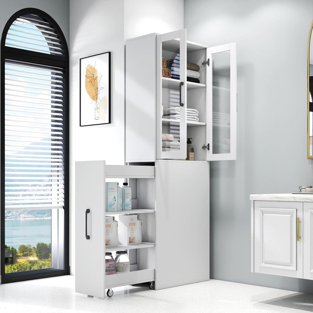 KEIKI 70.87" H Kitchen Pantry Storage Cabinet with Pull-Out Shelf, Glass...
