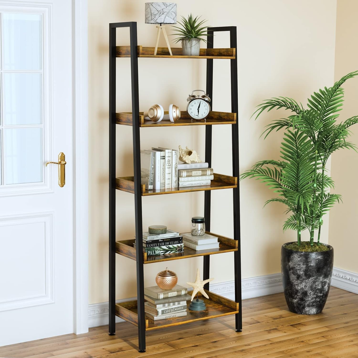 ASTARTH 5-Tier Ladder Shelf, 67 Inch Tall Open Floor Standing Bookshelf | Wooden Display Shelves with Metal Frame, for Living Room, Home Office, Rustic Brown