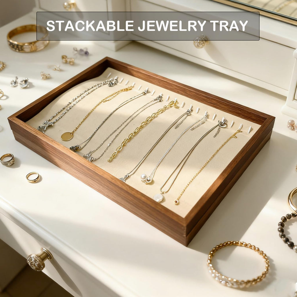 Large Jewelry Trays for Drawers Stackable Velvet Jewelry Display for Vendors Jewelry Drawer Organizer Inserts for Rings Necklace Bracelets Earrings and Studs Earrings (Beige, 20 Hooks)