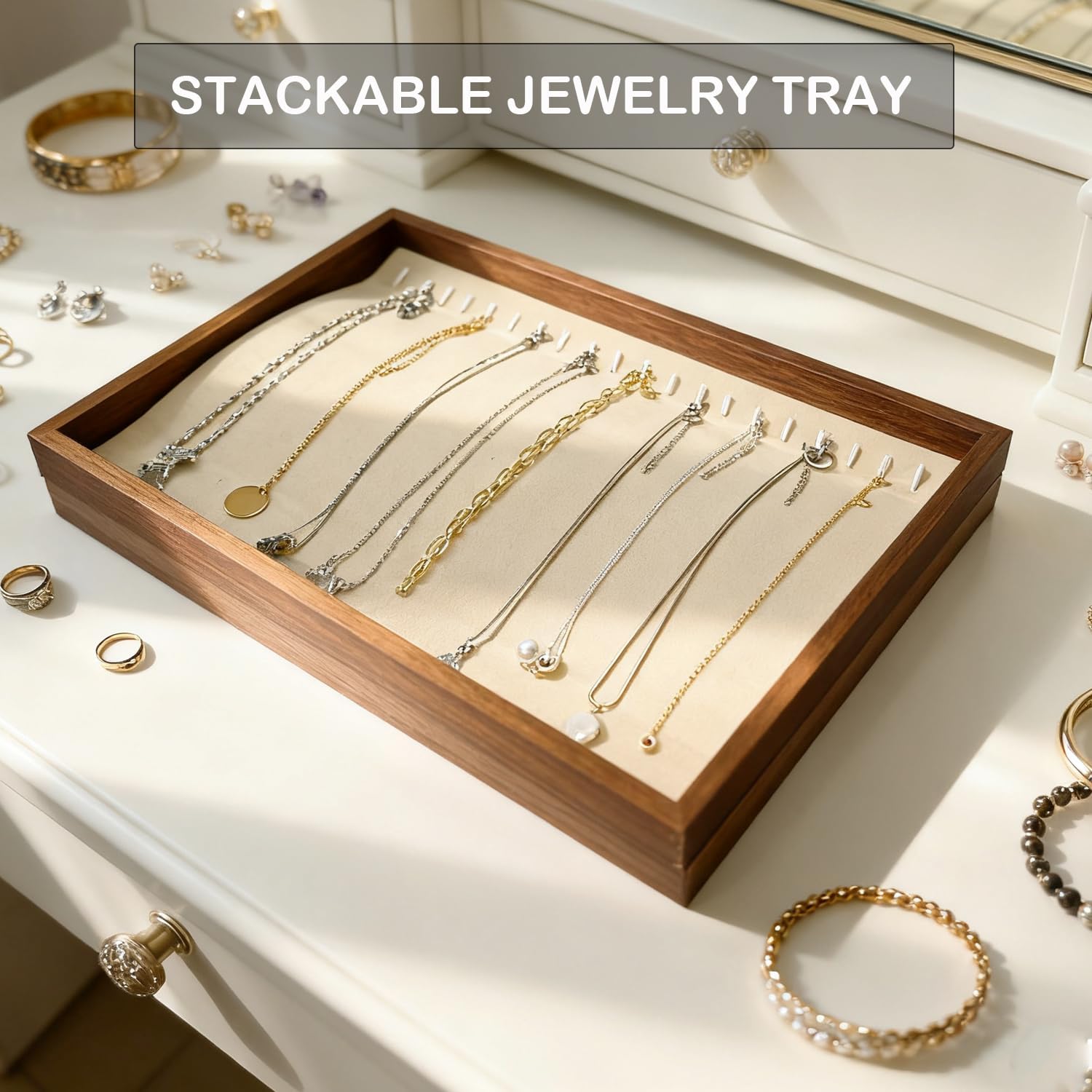 Large Jewelry Trays for Drawers Stackable Velvet Jewelry Display for Vendors Jewelry Drawer Organizer Inserts for Rings Necklace Bracelets Earrings and Studs Earrings (Beige, 20 Hooks)