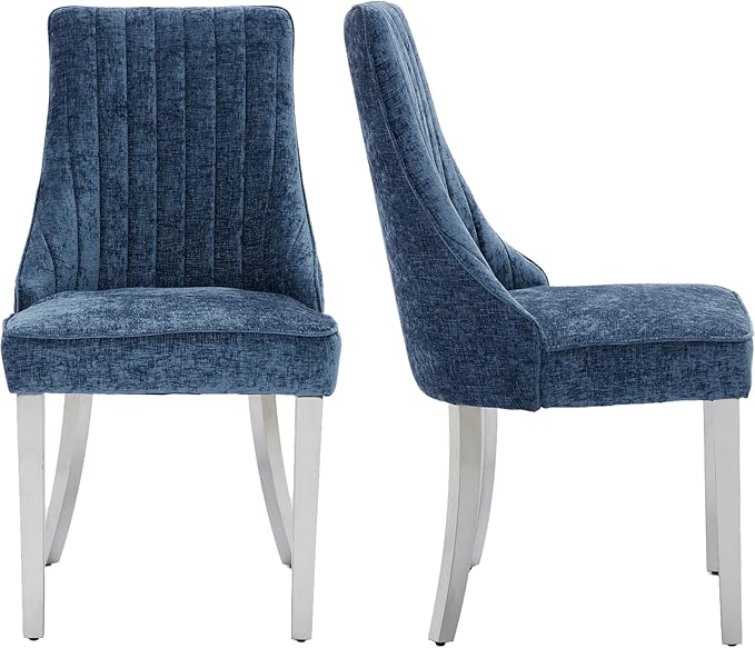 Navy Mid Century Dining Chairs Set of 2, Modern Kitchen & Dining Room Chairs Set of 2, Chenille Fabric Upholstered Kitchen Chairs, Sillas de Comedor, Silver Legs (Blue, 2 Pcs)