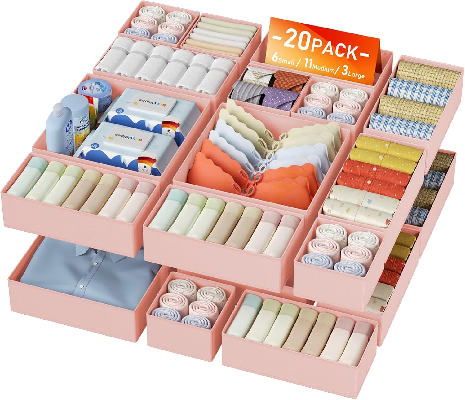DIMJ Drawer Organizer Clothes Storage - 20 Pack Baby Dresser Organizer for Nursery, Foldable Closet Drawer Organizer Bins for Bedroom Organization, Fabric Storage Dividers for Socks, Underwears, Bras