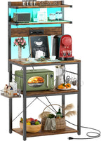 Aheaplus Bakers Rack with Power Outlet, Microwave Stand, 5 Tiers Coffee Bar Station with Led Lights, Kitchen Storage Shelf with 6 S-shaped Hooks, Kitchen Rack for Spices, Pots and Pans, Rustic Brown