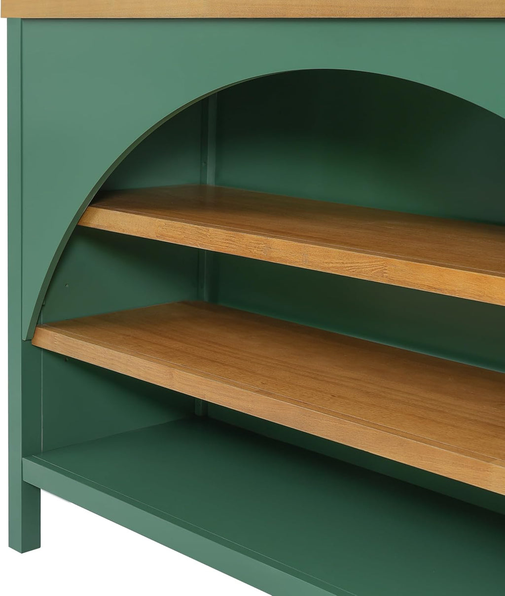 Christopher Knight Home Elle 56" Kitchen Island with Open Storage, Farmhouse Rubberwood Kitchen Island Table with Arch Detail, Storage Cabinet with 3 Open Shelves, Kitchen Prep Table, Green+Natural