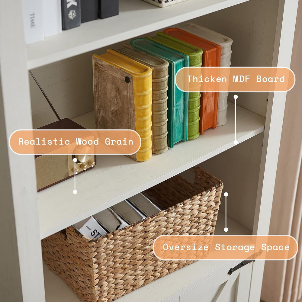 AMERLIFE 2-Piece 5-Tier Farmhouse Bookcase with Barn Doors, Rustic White