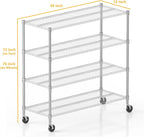 Himimi 72" H Storage Shelves 4 Tier Metal Shelving Adjustable Wire Shelf with Wheels, Heavy Duty Shelving for Garage Kitchen Pantry Bathroom Laundry,18" D*48" W*72" H, Silver